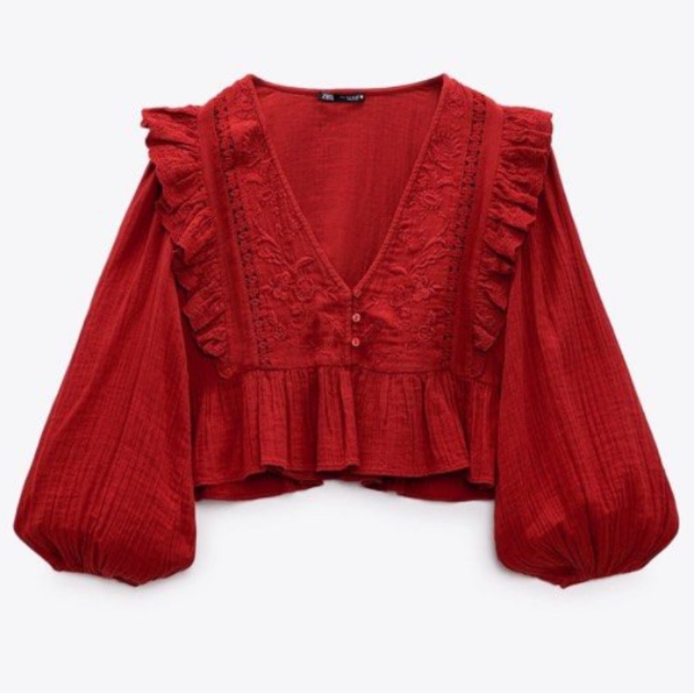 Zara Embroidered Red Long Sleeve Blouse